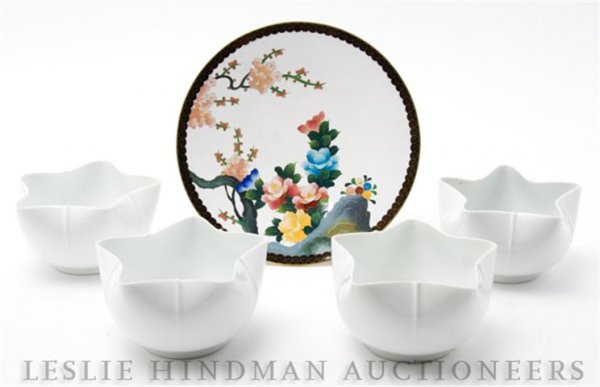 A Group of Seven Star Form White Bowls,: A Group of Seven Star Form White Bowls, together with a cloisone plat with botanical scene.