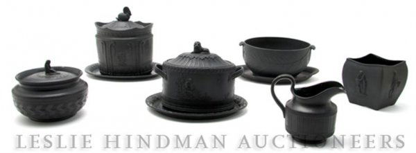 A Collection of English Basalt Wares, Width of wid: A Collection of English Basalt Wares, comprised of a lidded sugar marked Turner, a rectangular vase marked Spode, a plate with foliate rim marked E. Mayer, together with an unmarked lidded sugar, crea