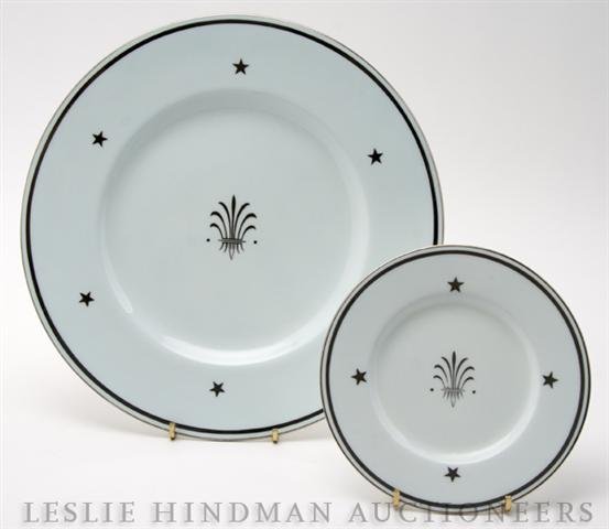 Two Sets of English Porcelain Plates, Mintons, Dia: Two Sets of English Porcelain Plates, Mintons, retailed by Tatman, Chicago, having white reserve with silver starts on border and stylized palmette at center, comprised of 12 dinner plates and 12 dese