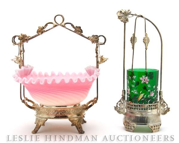 A Bride's Basket, Height of castor 12 1/4 inches.: A Bride's Basket, having pink to white satin glass insert with ruffled edge together with a pickle castor having enameled green glass insert. Height of castor 12 1/4 inches. Property from the Riess Fa