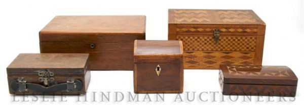A Group of Six Decorative Boxes, Height of largest: A Group of Six Decorative Boxes, comprising an inlay example, a small domed example with ivory escutcheon, a carved oak leaf and bird inkwell along with three others. Height of largest 4 1/2 x width 1