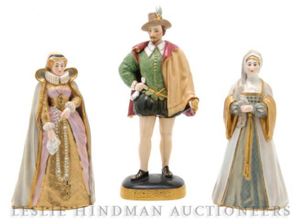 A Collection of Three Worcester Figures, Height of: A Collection of Three Worcester Figures, depicting historical figures, Sir Walter Raleigh, Ann Boelyn and Mary Queen of Scots. Height of tallest 10 3/4 inches.