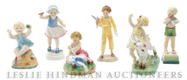 A Group of Six Royal Worcester Figures, Height of: A Group of Six Royal Worcester Figures, each depicting a child in various poses. Height of tallest 6 7/8 inches.