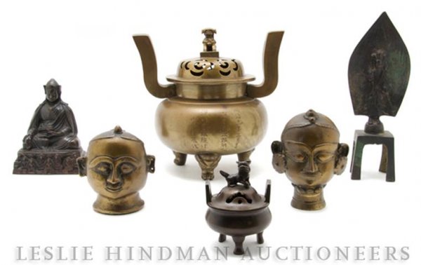 A Collection of Chinese Brass and Bronze Articles,: A Collection of Chinese Brass and Bronze Articles, comprising two busts, two censers and two figures. Height of tallest 9 3/4 inches. Property from the Estate of Ernest Trova, St. Louis, Missouri