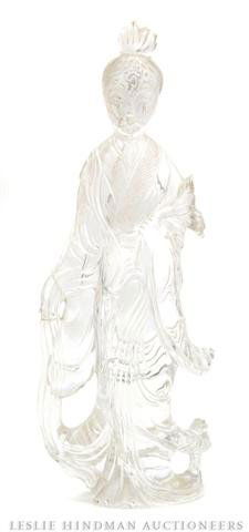 A Chinese Rock Crystal Figural Carving, Height 9 5: A Chinese Rock Crystal Figural Carving, depicting Guanyin. Height 9 5/8 inches. Property from the Estate of Ernest Trova, St. Louis, Missouri