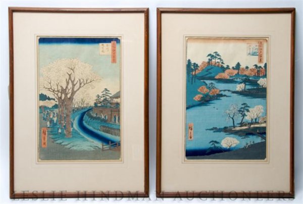 A Group of Two Japanese Woodblock Prints, Hiroshig: A Group of Two Japanese Woodblock Prints, Hiroshige, the images depicting two scenes from the Views of Edo series. Height of image 13 1/2 x width 9 inches.