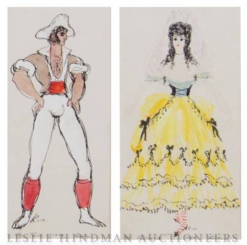 Rouben Ter-Arutunian, (American, 1920-1992), Pirat: Rouben Ter-Arutunian (American, 1920-1992) Pirate and Maiden: Two Costume Designs, 1959 pen and watercolor inscription and date 1959 8 1/2 x 3 3/4 inches (each). Property from the Estate of Thomas F