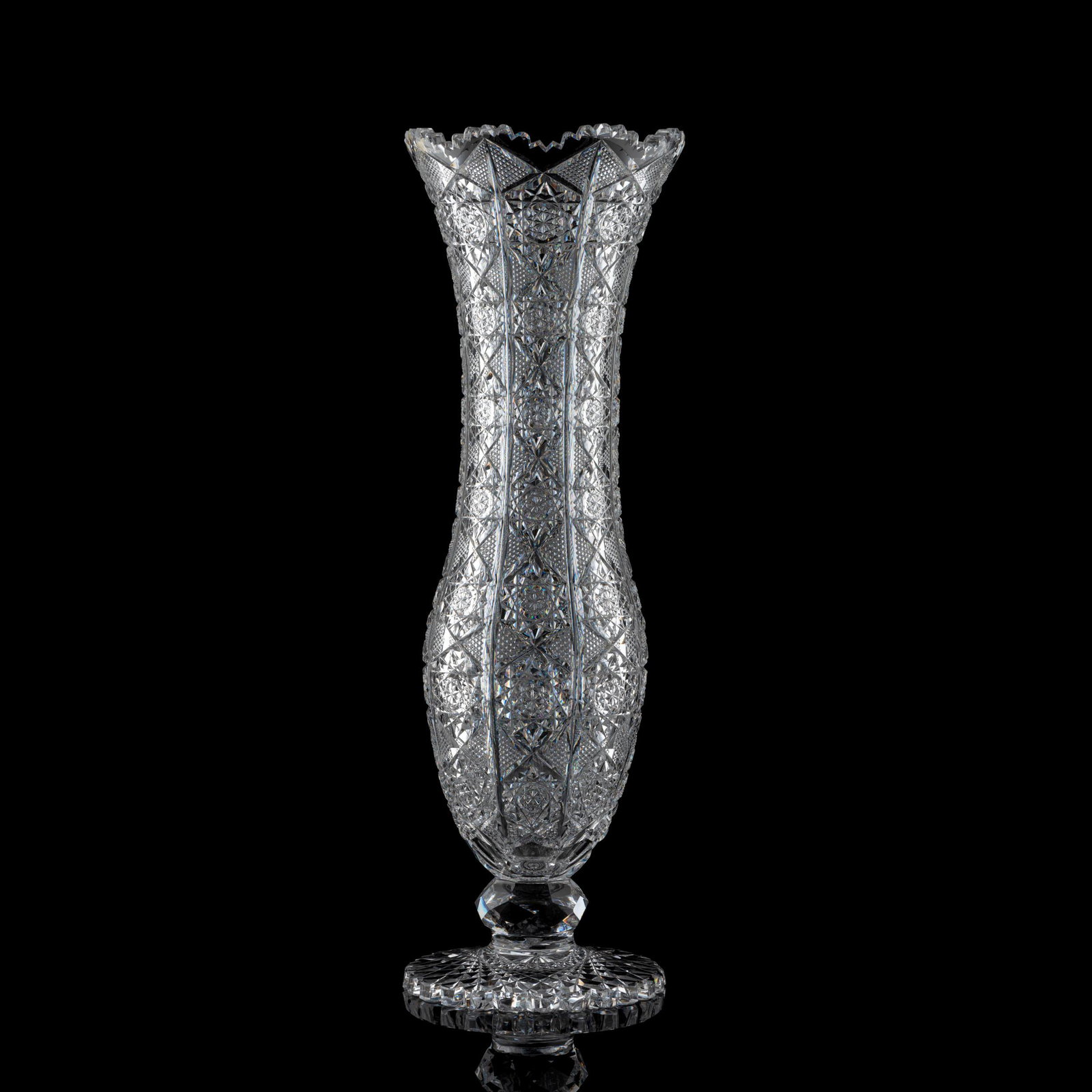 A Brilliant-Period Cut Glass Trumpet Vase: A Brilliant-Period Cut Glass Trumpet Vase with a lapidary knob at the base. Height 20 1/8 x width 7 inches.
