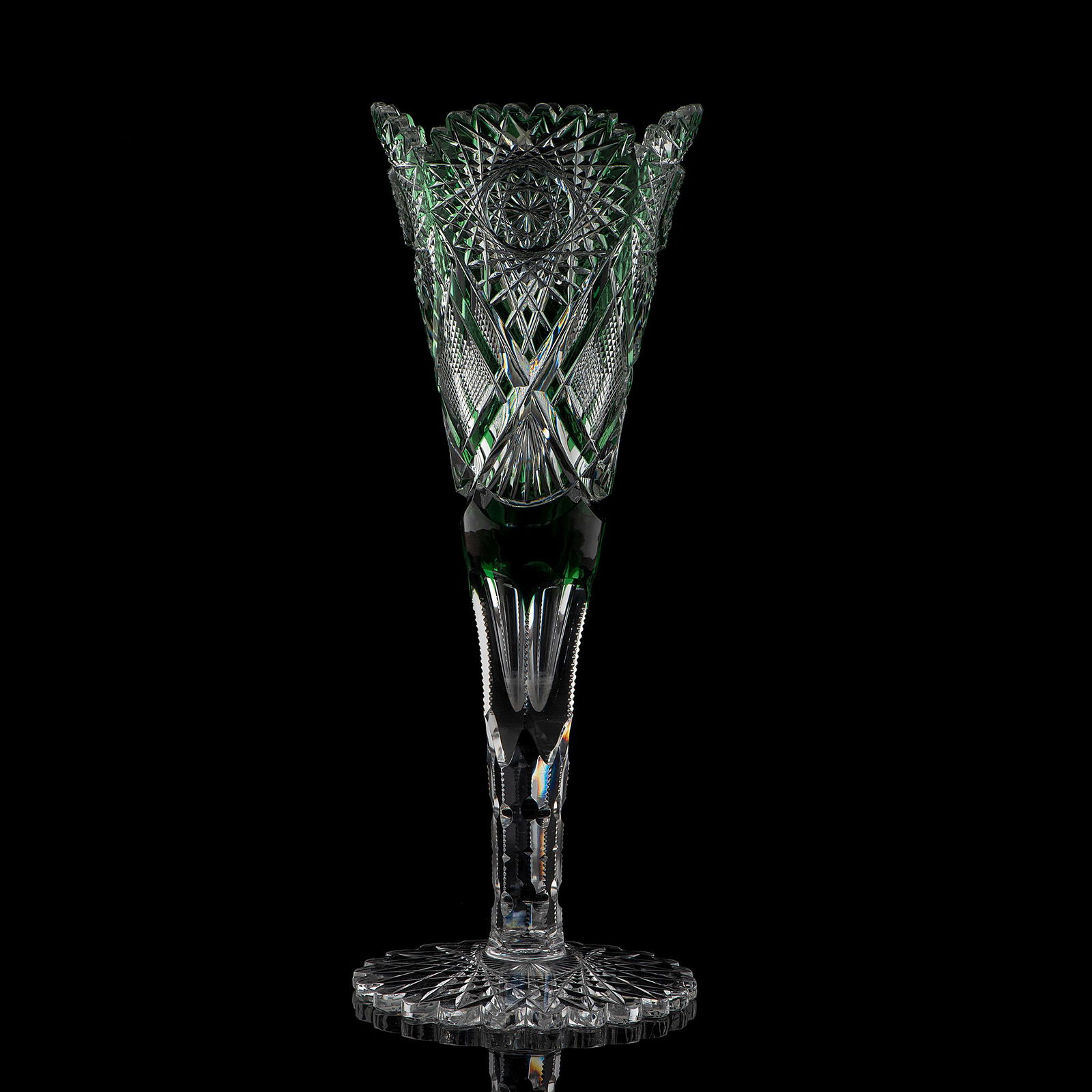 A Val St. Lambert Green Cut to Clear Glass Trumpet Vase (1 of 3)