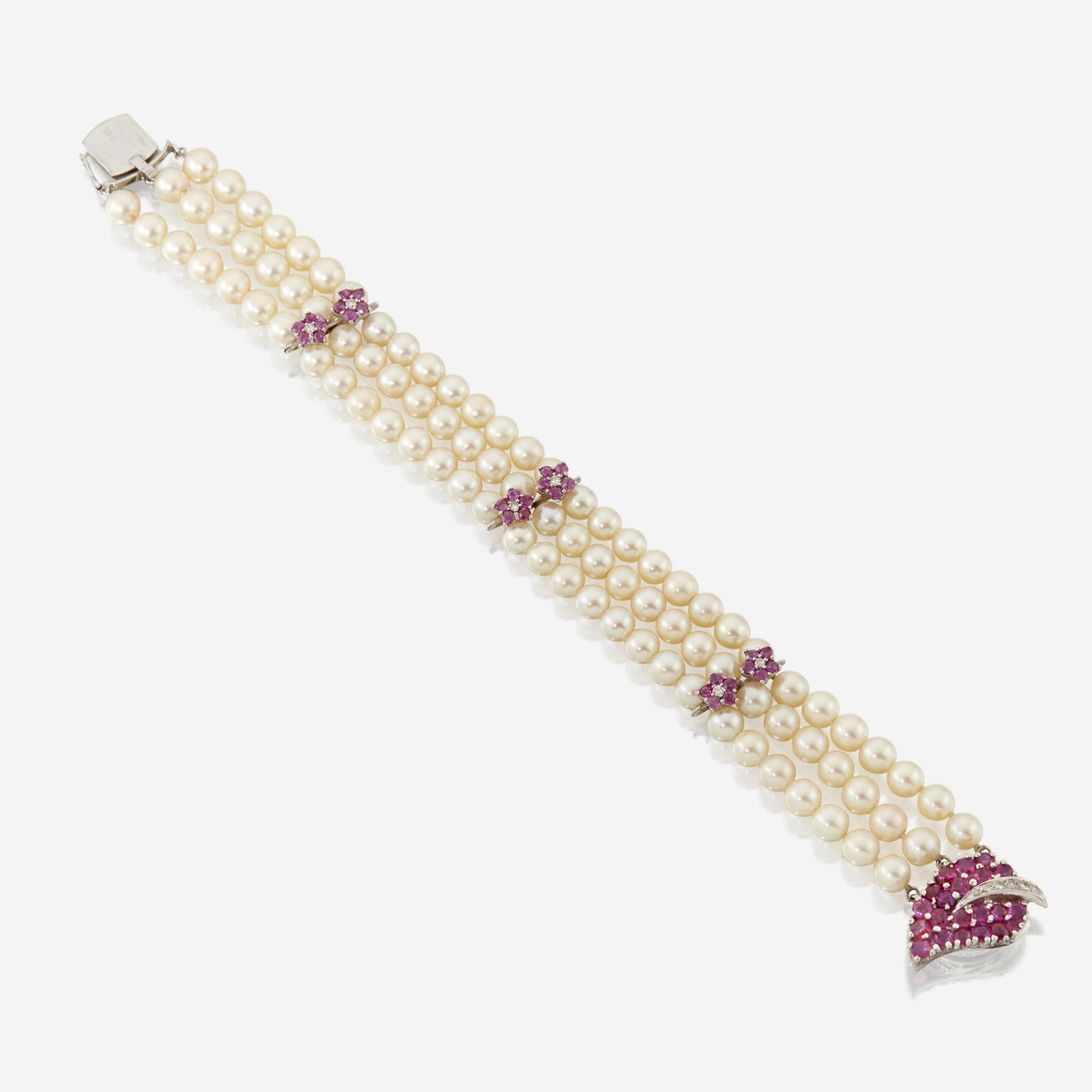 A cultured pearl, ruby, diamond, and fourteen karat (1 of 2)