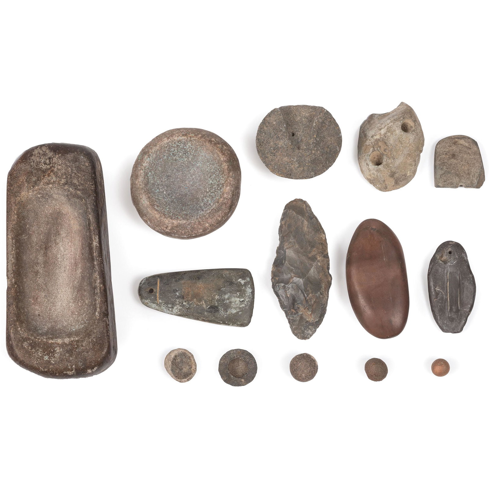 Miscellaneous Mortars and Pendants longest 6 5/8 inches: Miscellaneous Mortars and Pendants Archaic - Woodland Period, 8000 BCE -1200 CE lot of 13 longest 6 5/8 inches From an Estate in Sinking Spring, Ohio
