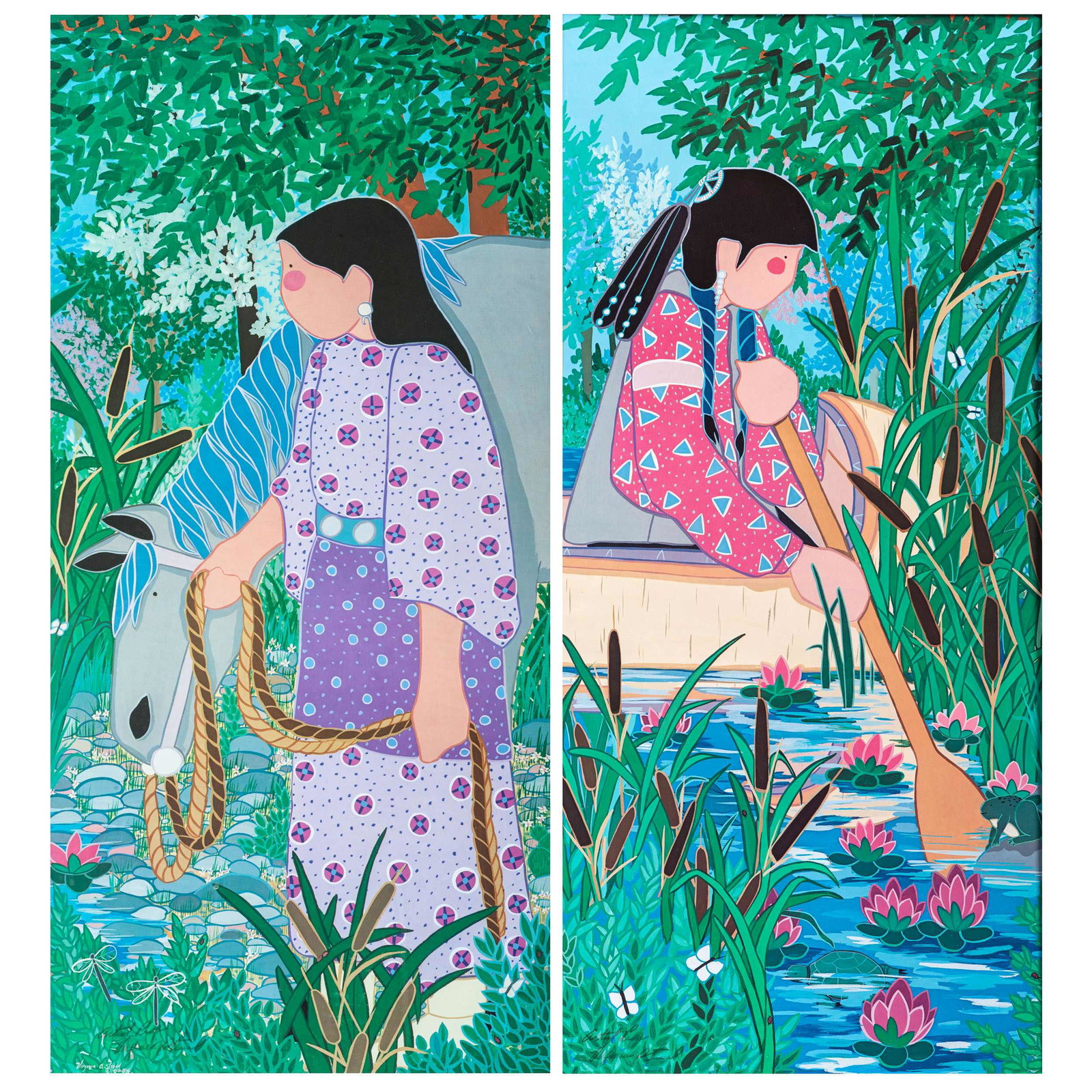 Virginia Stroud (Cherokee-Muscogee Creek, b. 1951): Virginia Stroud (Cherokee-Muscogee Creek, b. 1951) Pleasures of the Heart prints on paper signed lower left each 14 x 29 1/2 inches Property from a Private Collection