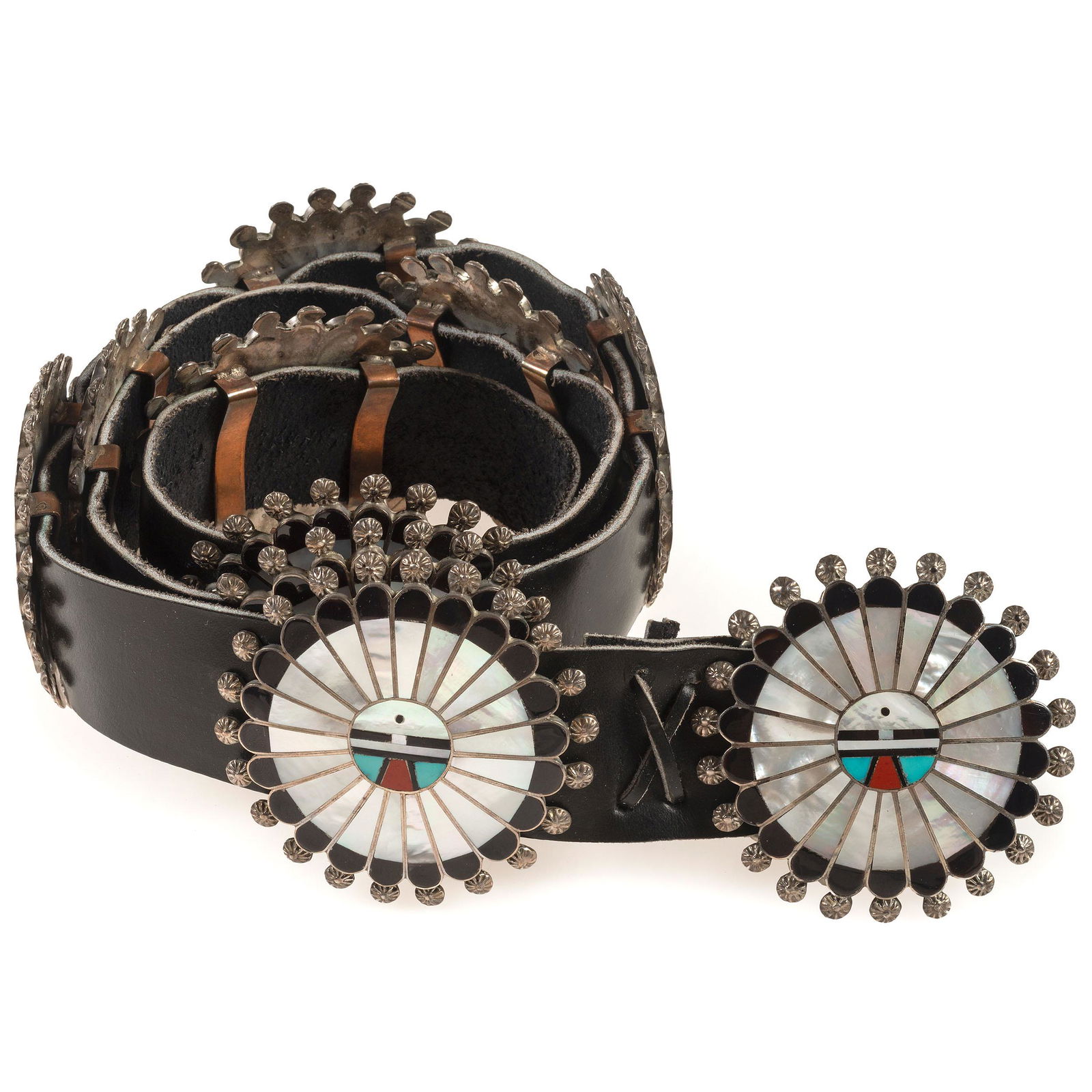 Zuni Silver and Mosaic Inlay Sunface Concha Belt (1 of 3)