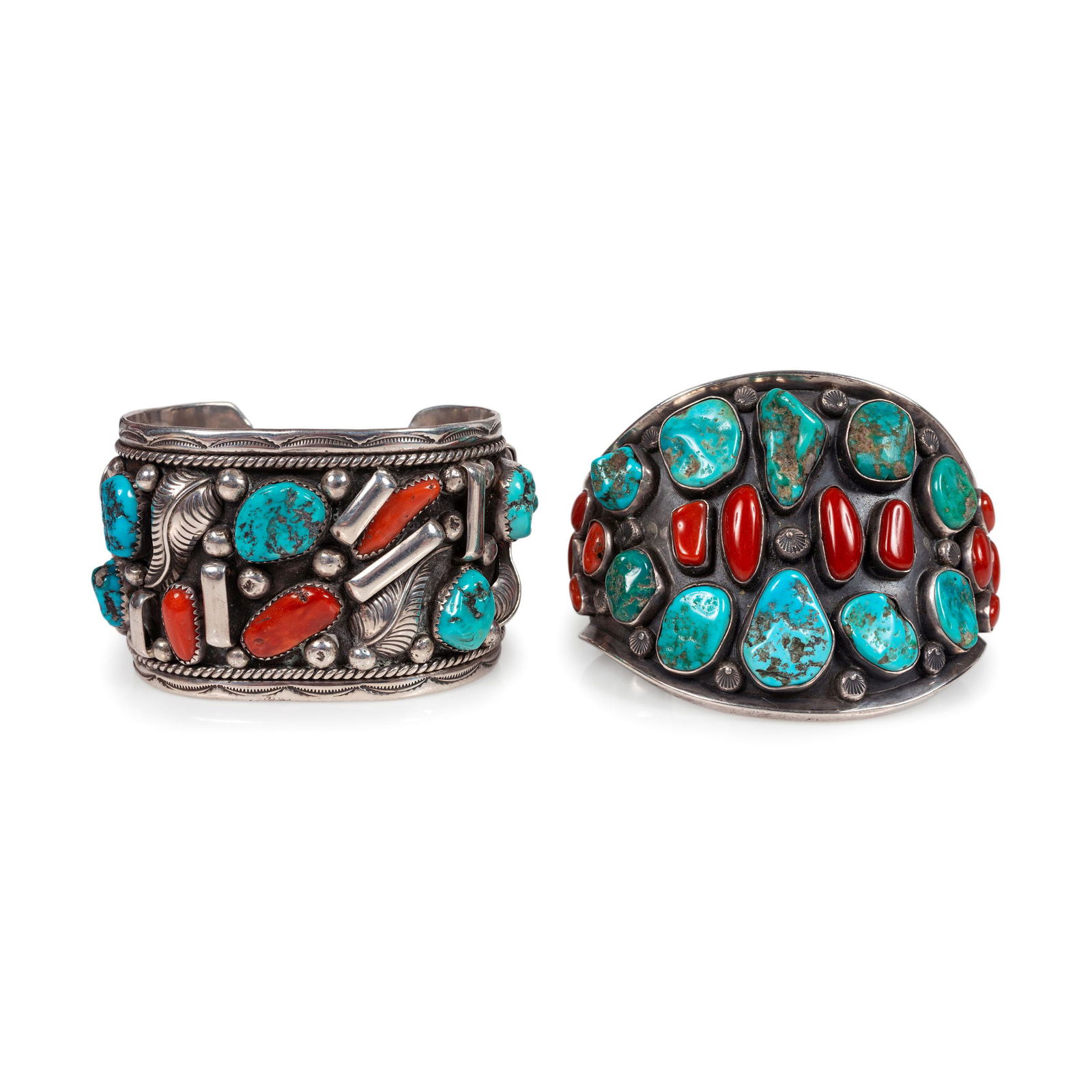 Pair of Navajo Silver, Turquoise, and Coral Cuff (1 of 6)
