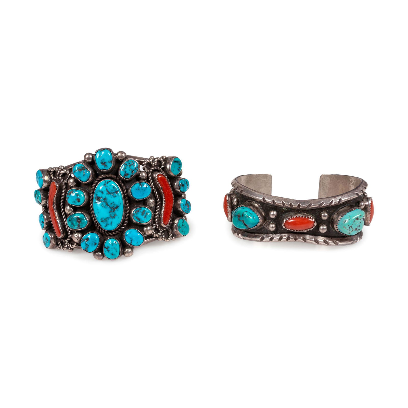 Navajo Silver, Turquoise, and Coral Cuff Bracelets (1 of 3)