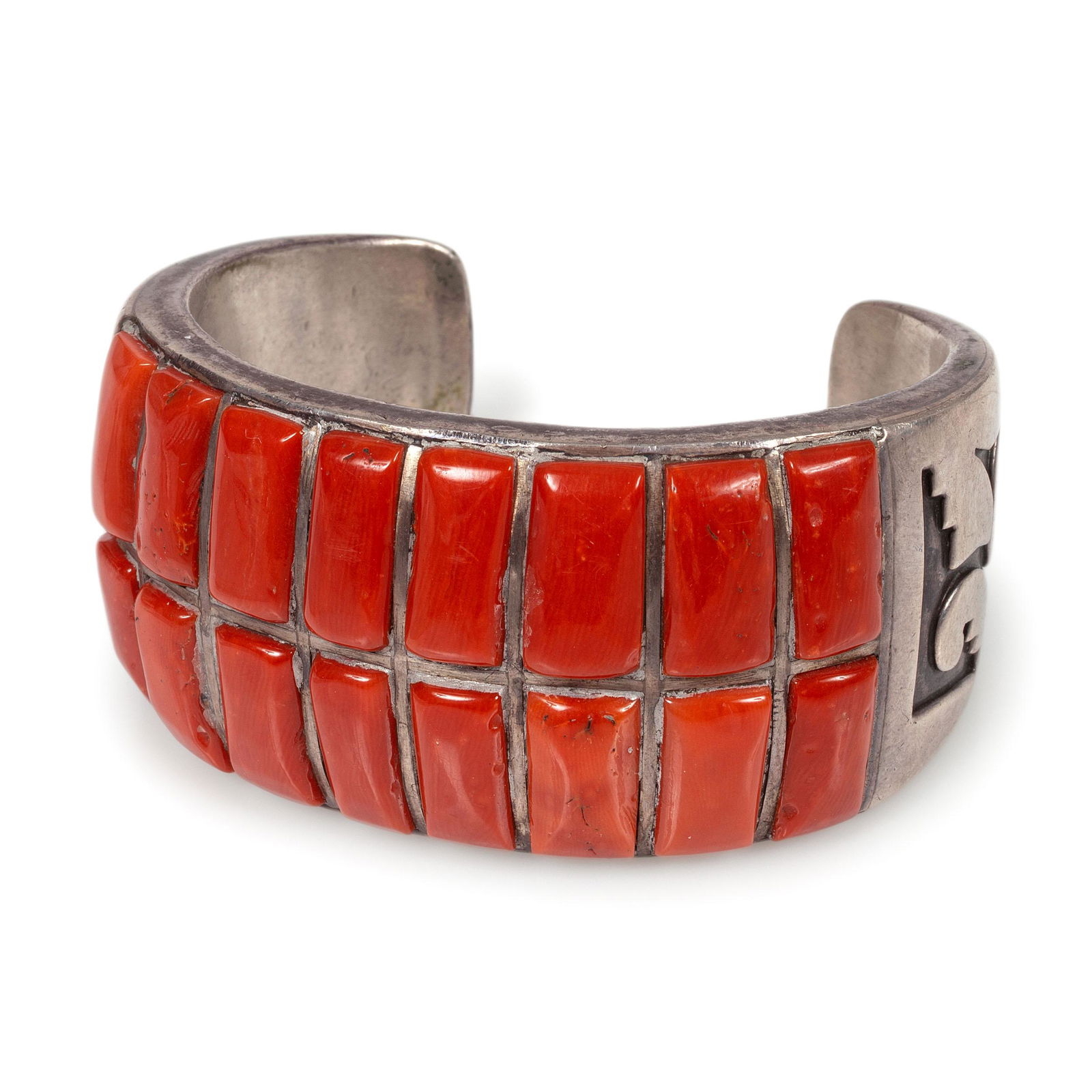 Navajo or Hopi Silver Overlay and Coral Cuff Bracelet (1 of 3)