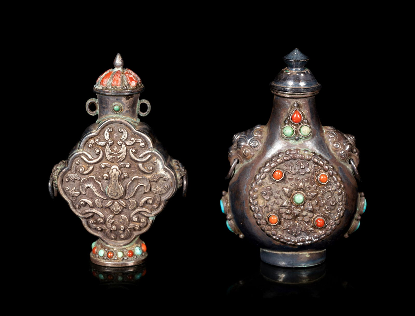 Two Mongolian or Tibetan Hardstone Inset Metal Snuff (1 of 4)