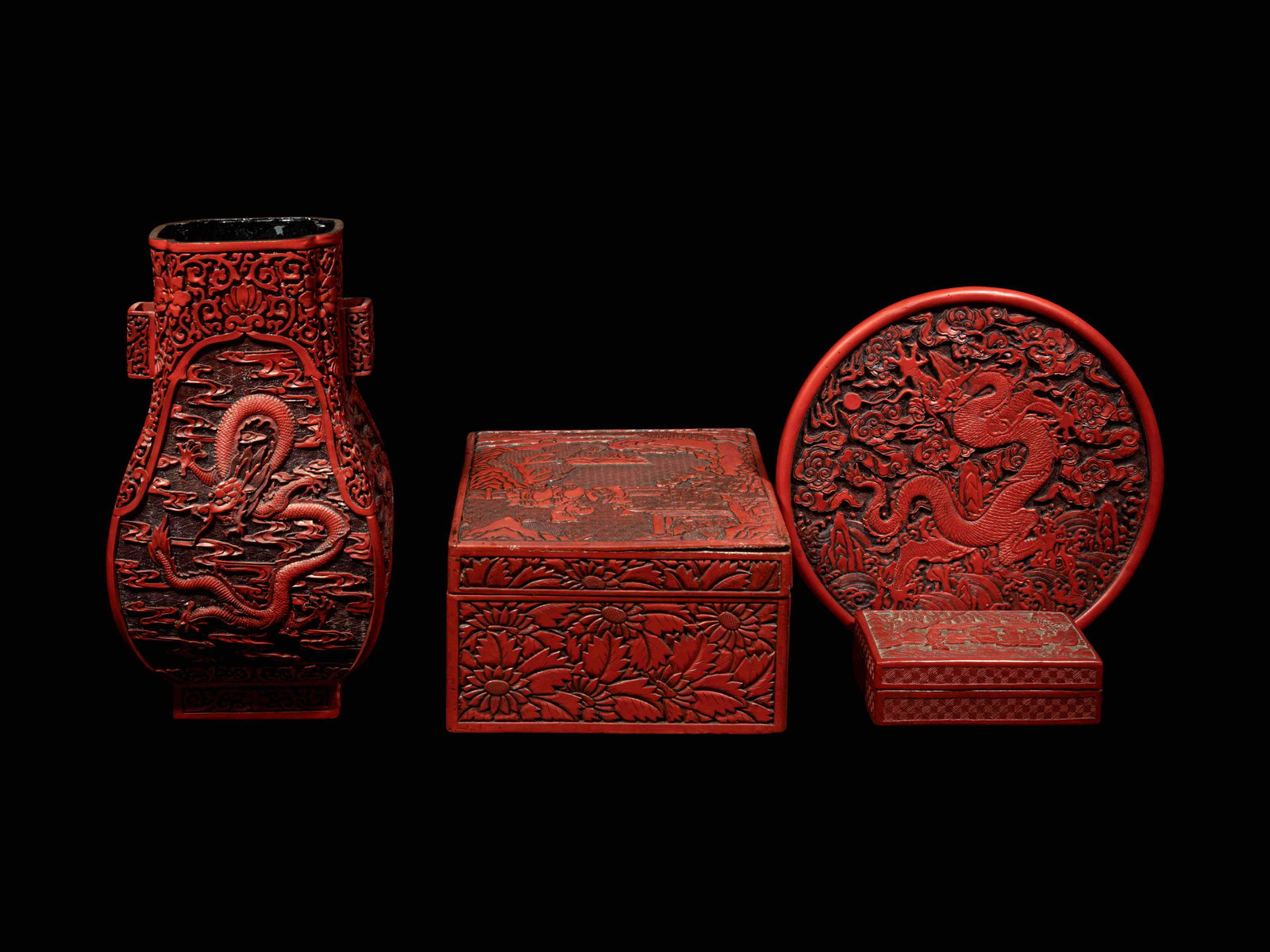 Four Chinese Carved Red Lacquer Articles (1 of 10)
