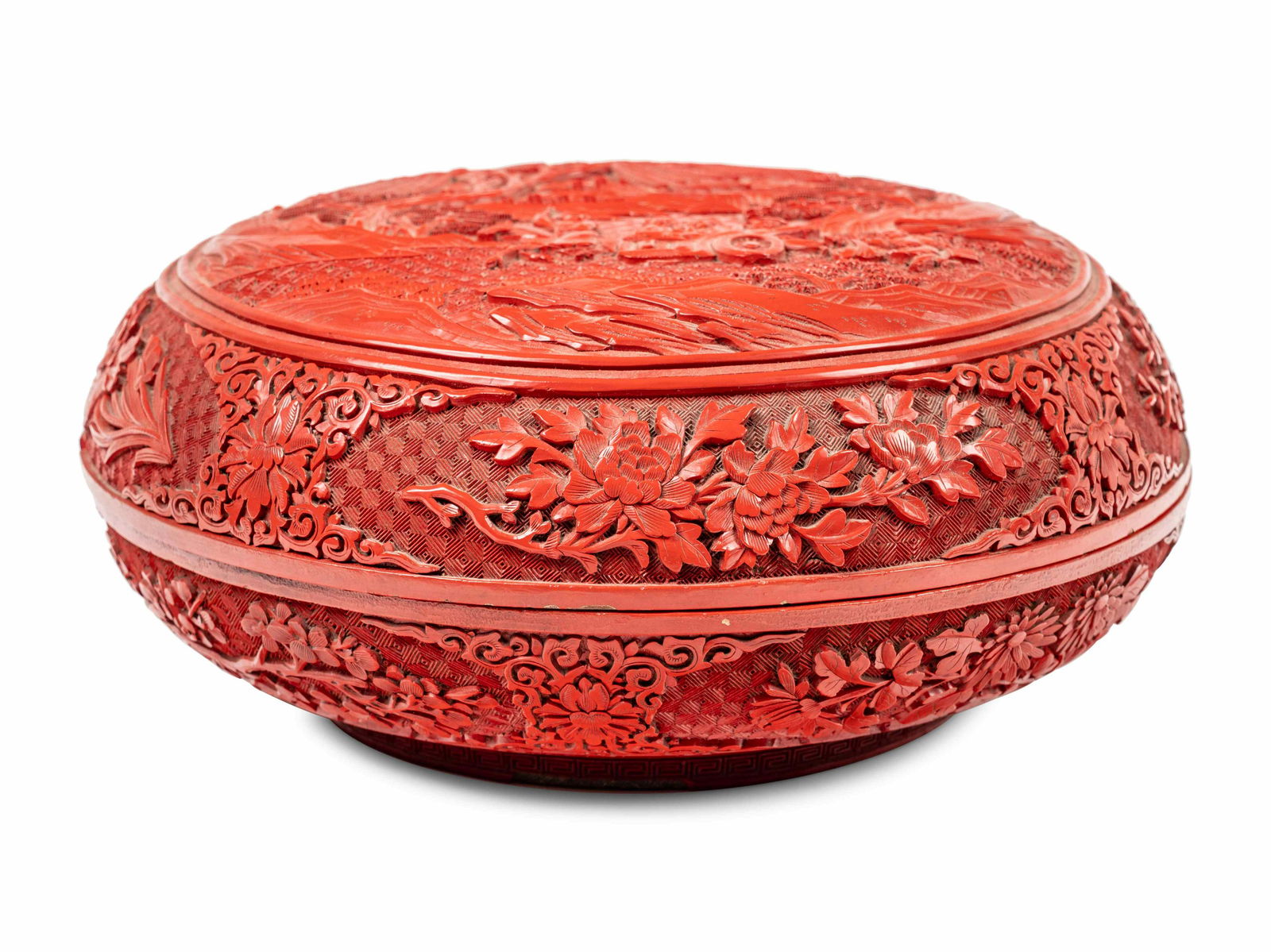 A Chinese Carved Red Lacquer Circular Covered Box (1 of 6)