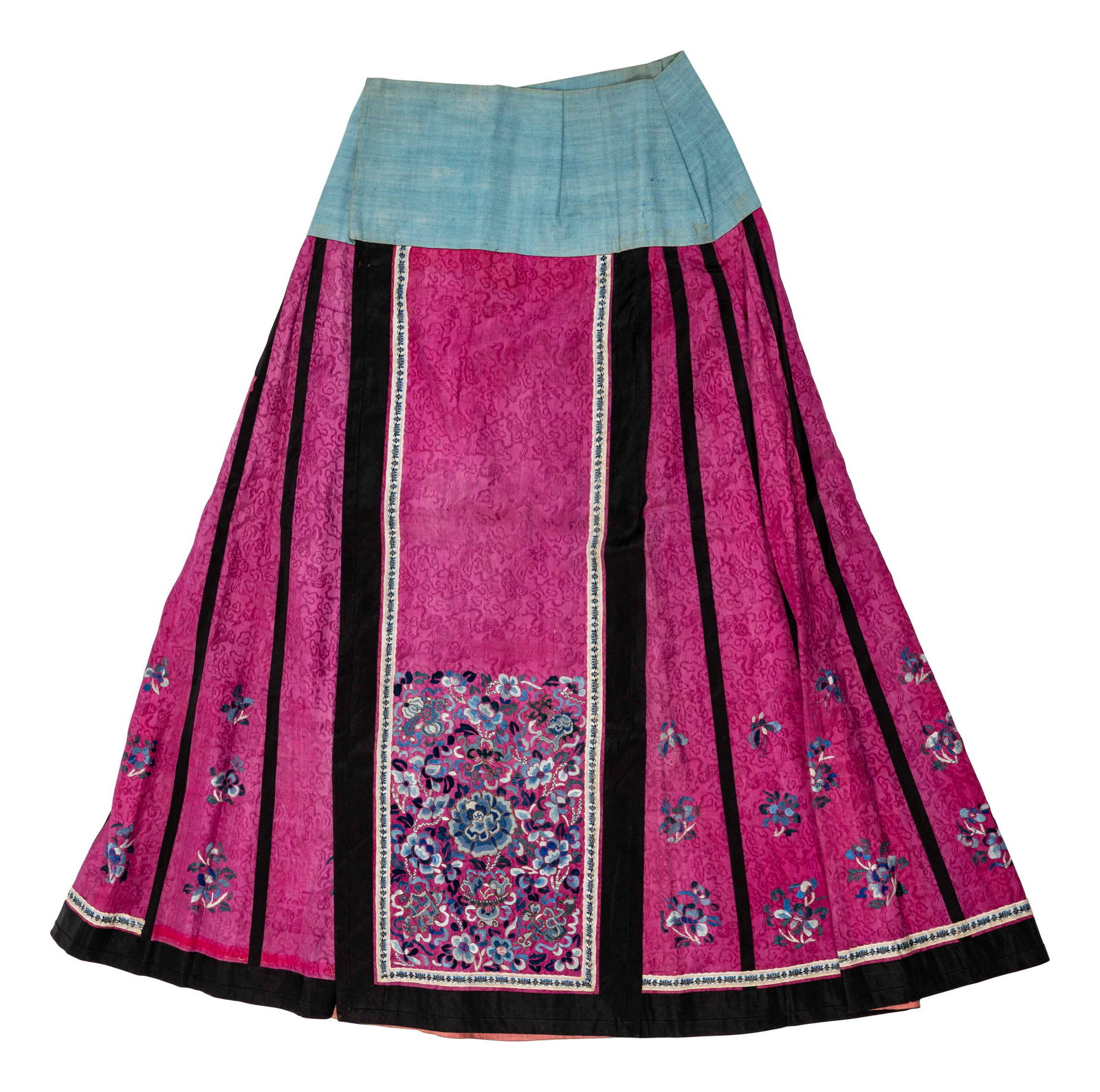 A Chinese Fuchsia Ground Embroidered Silk Apron Skirt (1 of 3)