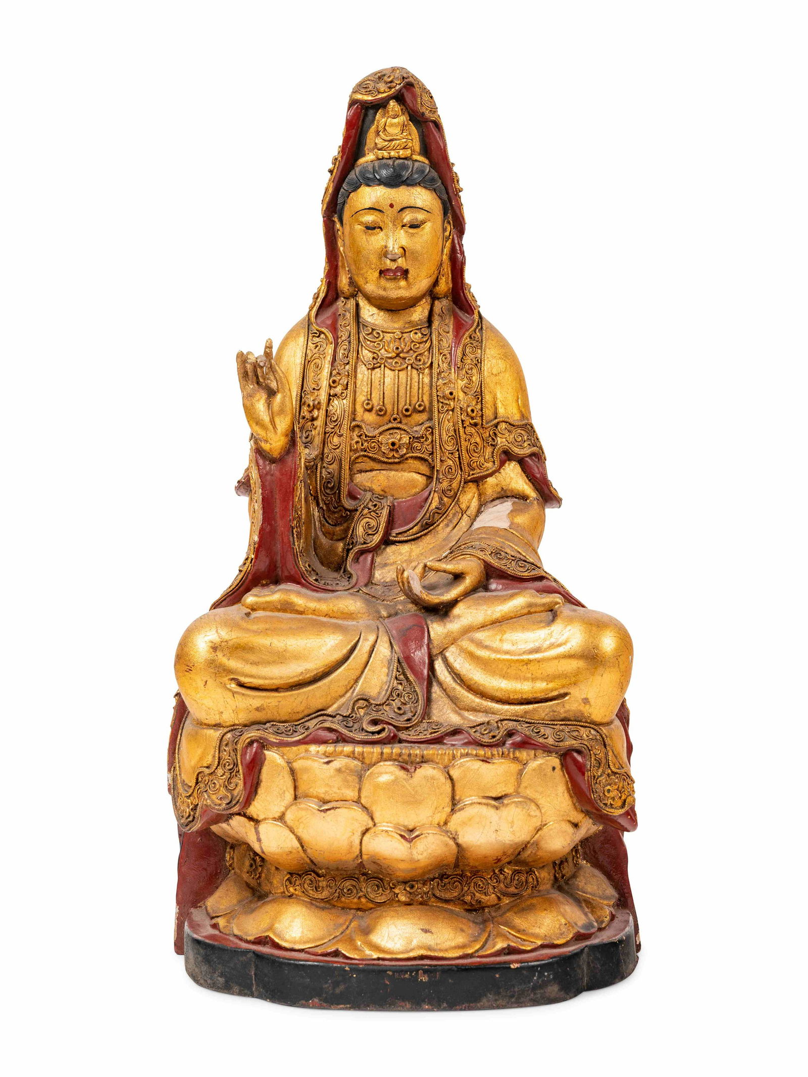 A Chinese Gilt Lacquered Wood Figure of Guanyin: A Chinese Gilt Lacquered Wood Figure of Guanyin REPUBLIC PERIOD (1912-1949) the figure depicted seated in mediation posture cloaked in orated robes worked in in relief with a red-lacquered lining. Hei