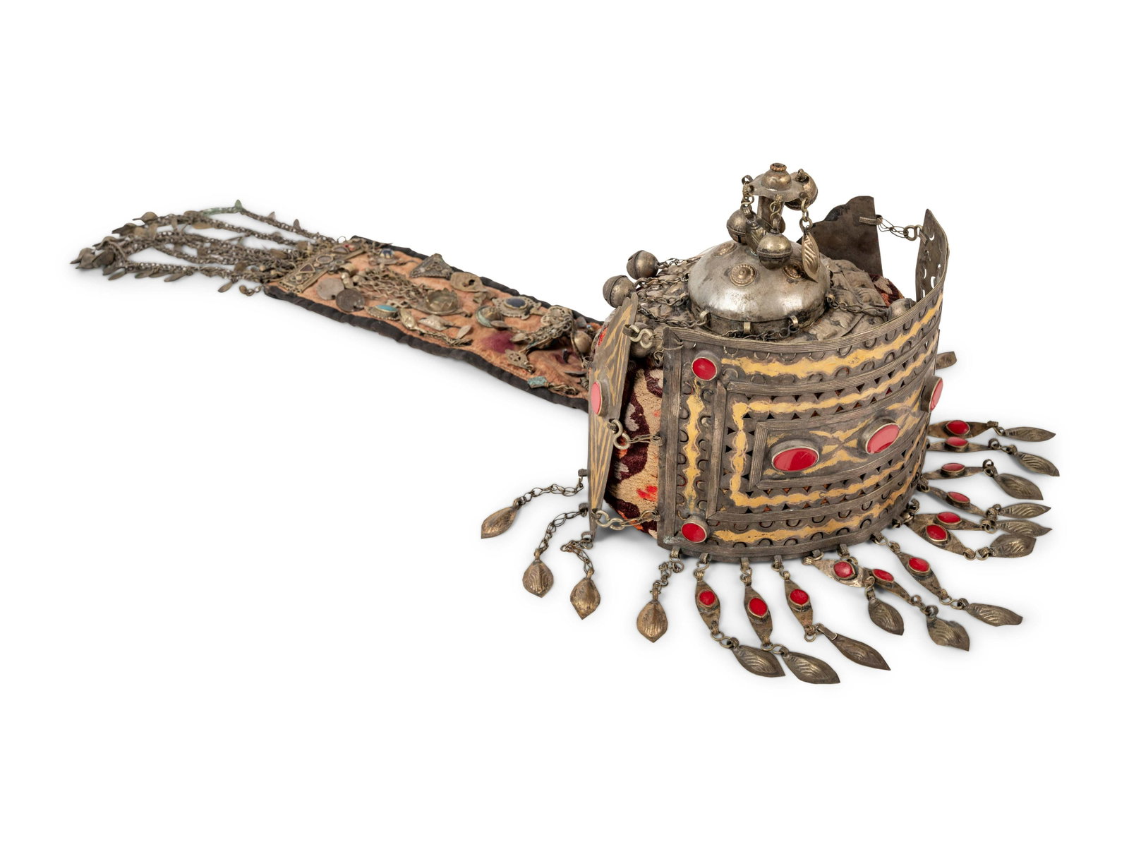 A Mongolian Silver Mounted Ceremonial Headdress: A Mongolian Silver Mounted Ceremonial Headdress having a woven bonnet surmounted by a rounded finial surrounded by dangling bells and from which suspended a long tassels panel and various hardstone mo