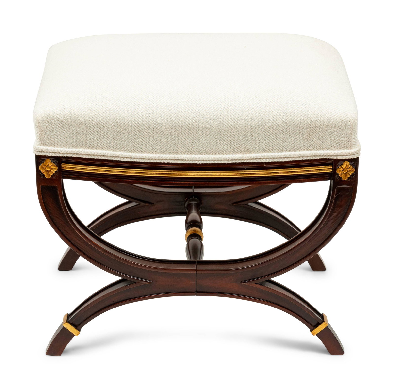 A Directoire Style Parcel Gilt Ottoman height 20 x: A Directoire Style Parcel Gilt Ottoman20th Centurywith Angelo Cappellini upholstery label to undersideheight 20 x width 22 1/2 x depth 16 1/2 inchesProperty from the Estate of a Denver Business and Co