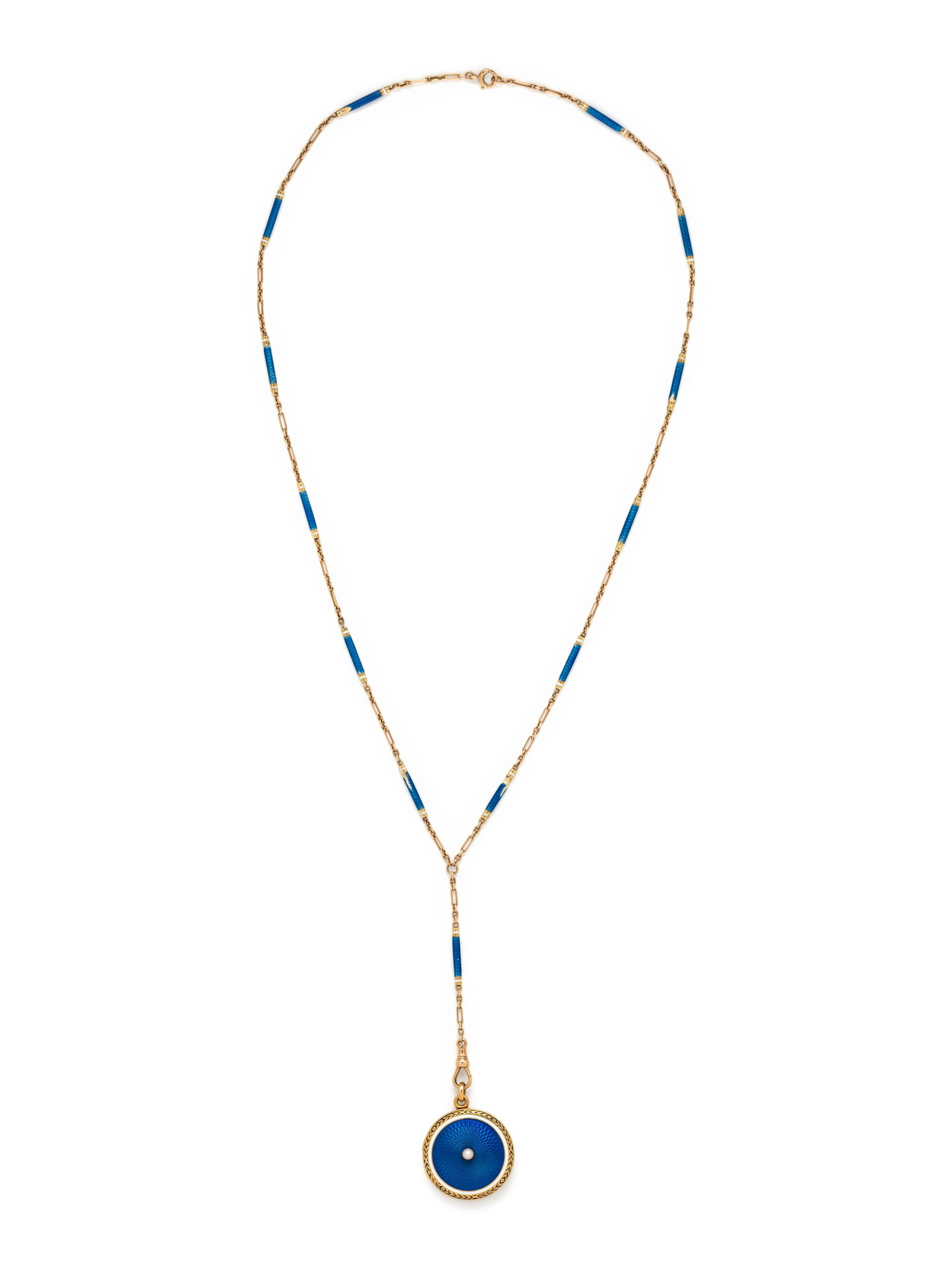 ANTIQUE, ENAMEL AND SEED PEARL LOCKET NECKLACE: ANTIQUE, ENAMEL AND SEED PEARL LOCKET NECKLACE Consisting of a chain interspersed with blue and white enamel bar links suspending a blue and white guilloche enamel locket with engraved foliate motif s