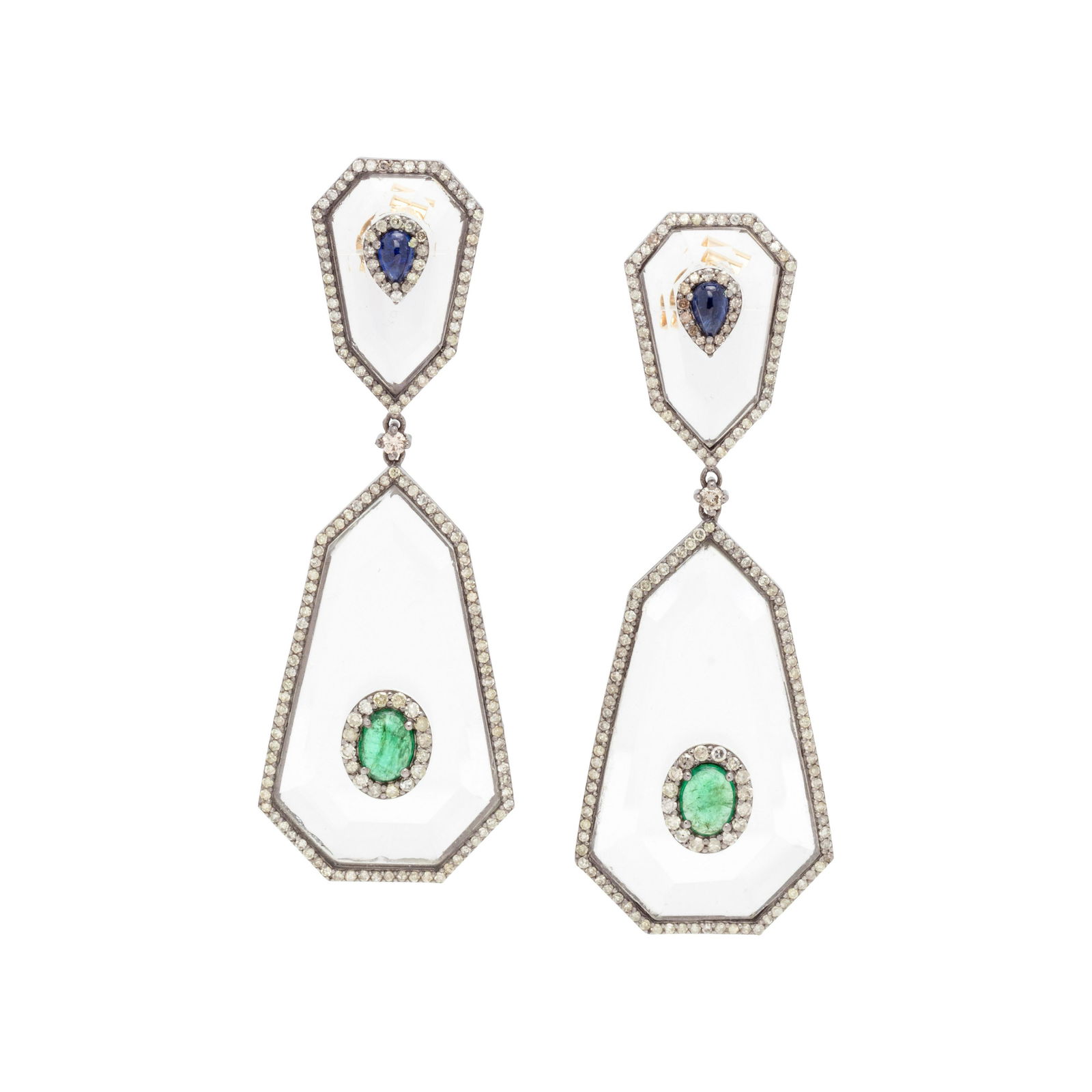 ROCK CRYSTAL, EMERALD, SAPPHIRE AND DIAMOND EARRINGS (1 of 2)