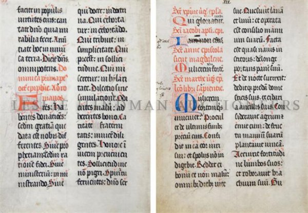 (ILLUMINATED MANUSCRIPT LEAF) A group of two illumi: (ILLUMINATED MANUSCRIPT LEAF) A group of two illuminated manuscript leaves on vellum. Matted. French, circa 1415. Size of both sheets 11 1/4 x 8 1/8 inches. Property of the Columbus Museum of Art, Ohi