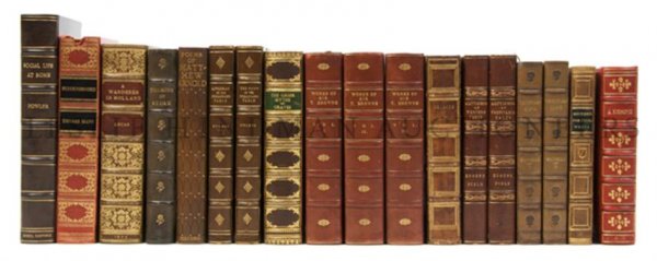 (BINDINGS) A group of 18 volumes in leather.: (BINDINGS) A group of 18 volumes bound in leather. Venetian Life. By W.D. Howells. Boston, 1885. 2 vols. Exposition of Psalm CXIX. By Rev. Charles Bridges. London, 1832. A Little Book of Profi