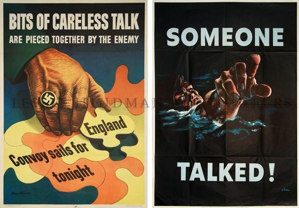 (POSTERS, WWII) OFFICE OF WAR INFORMATION Size of : (POSTERS, WWII) OFFICE OF WAR INFORMATION A group of five WWII propaganda posters issued by the Office of War Information, comprising Bits of Careless Talk Are Pieced Together by the Enemy, England Co
