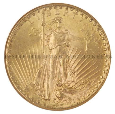 A Saint-Gaudens $20 Gold Coin,: A Saint-Gaudens $20 Gold Coin, dated 1927, graded MS64, NGC. Property from the Estate of Ernest Trova, St. Louis, Missouri
