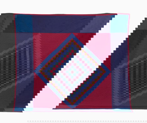 Amish pieced wool sunshine and shadow" quilt, lan: Amish pieced wool sunshine and shadow" quilt lancaster county, pa. late 19th/early 20th century Worked in purple, burgundy, medium blue, brown and green wool and heightened with feather, diamond and r