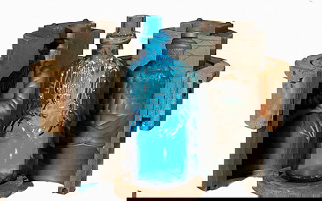 Cast iron glass mold, clevenger brothers glass wo: Cast iron glass mold clevenger brothers glass works clayton new jersey circa 1950 Moses mold together with large colonial blue Moses bottle.