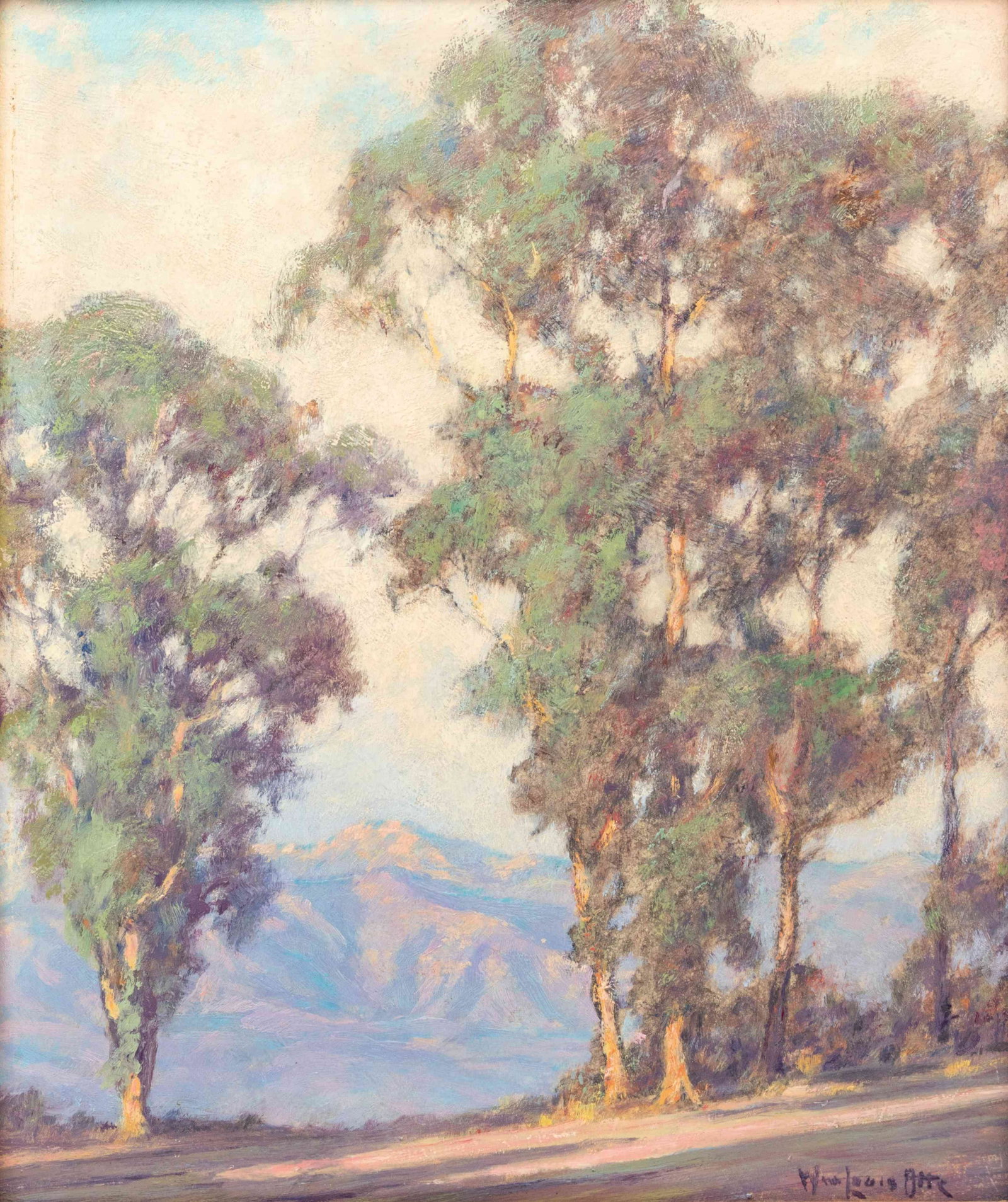 William Louis Otte (American, 1871-1957): William Louis Otte (American, 1871-1957) Eucalyptus at Sunset, Santa Barbara, 1937 oil on masonite signed Wm Louis Otte (lower right); dated and titled on label (verso) 12 x 10 inches. Property from t