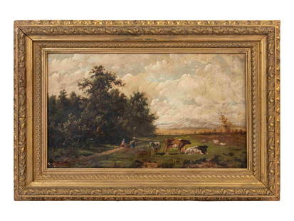 William M. Hart (American, 1823-1894): William M. Hart (American, 1823-1894) Pastoral Landscape oil on canvas signed Wm Hart (lower left) 9 1/4 x 15 1/2 inches. Property from an Illinois Private Collection