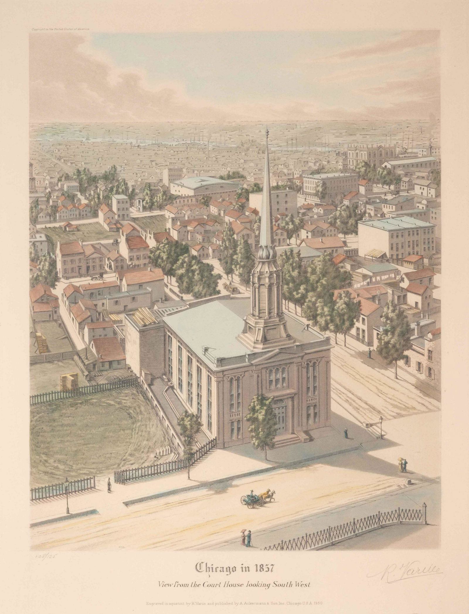 A group of 4 aquatint prints of Chicago by A. Ackermann: A group of 4 aquatint prints of Chicago by A. Ackermann and Son, Inc., comprising: Chicago in 1779/Then Called Cschikago/ Showing the Cabin of Jean de Saible / The First Permanent Settler. Chicago: 19