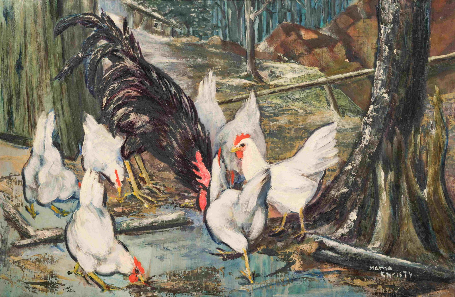 Marna Christy (20th Century): Marna Christy (20th Century) Red Rooster oil on masonite signed Marna Christy (lower right) 24 x 36 inches.