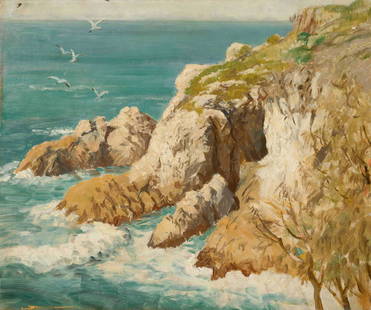 Attributed to Paul Dougherty (American, 1877-1947): Attributed to Paul Dougherty (American, 1877-1947) Waves Crashing (Lookout) oil on masonite 15 x 18 inches. Property from the Collection of Leonard Stark, Chicago, Illinois