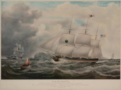 A 1925 lithograph of SS Europe, Pioneer Ship of the: A 1925 lithograph of SS Europe, Pioneer Ship of the Black Ball Line of America after Samuel Walters (British, 1811-1882) 16 1/4 x 24 1/2 inches (image).