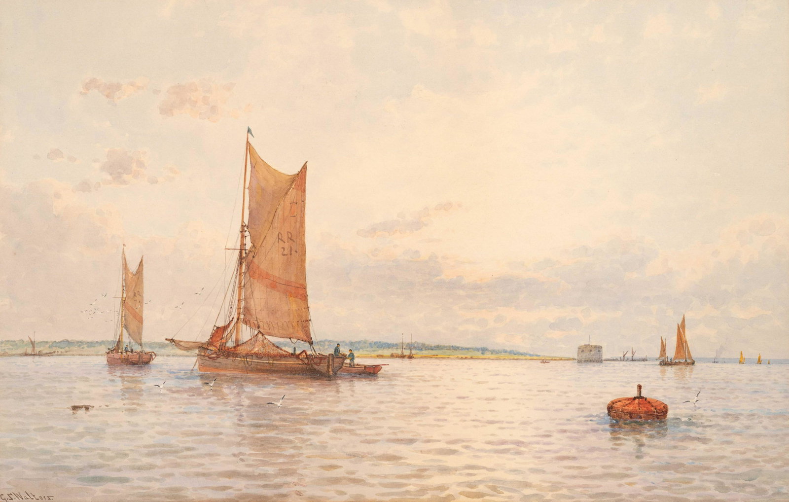 George Stanfield Walters (British, 1837-1924): George Stanfield Walters (British, 1837-1924) Boats in River watercolor on paper signed G.S. Walters (lower left) 12 x 19 inches. Property from the Collection of Leonard Stark, Chicago, Illinois