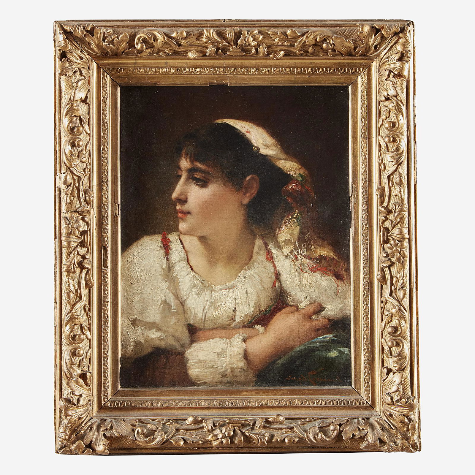 Joseph Coomans (Belgian, 1816–1889) Portrait of a: Joseph Coomans (Belgian, 1816–1889) Portrait of a Roman Peasant Girl in Profile Signed 'Joseph Coomans.' bottom right; also (posthumously) dedicated 'For my dear friend/Mr. John Waters/Diana Coo