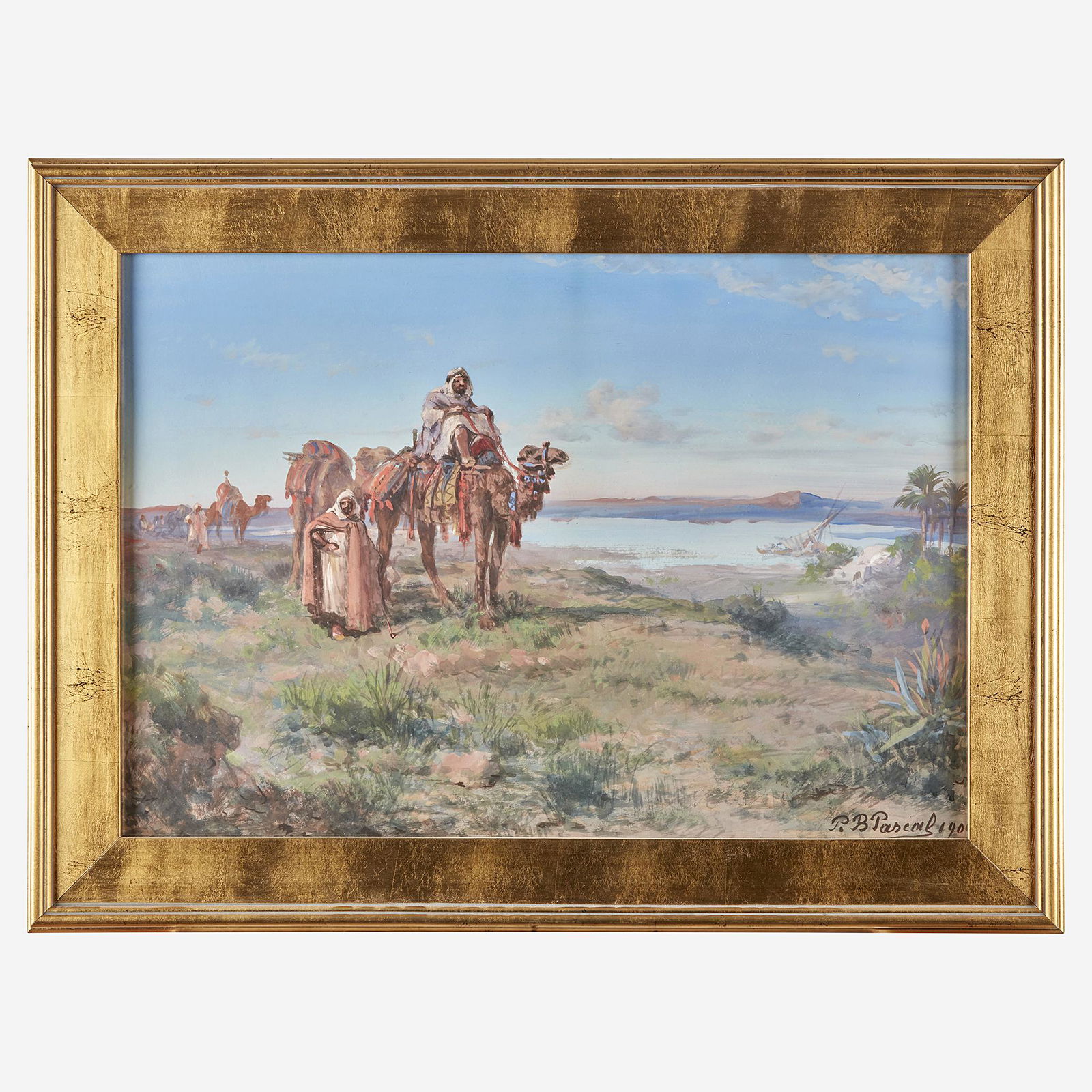 Paul Pascal (French, 1832–1903) Camel Riders: Paul Pascal (French, 1832–1903) Camel Riders Along the Nile; together with three companions First: Signed and dated 'P.B. Pascal 1900' bottom right, gouache on paperSight size: 17 x 25 in. (43.2