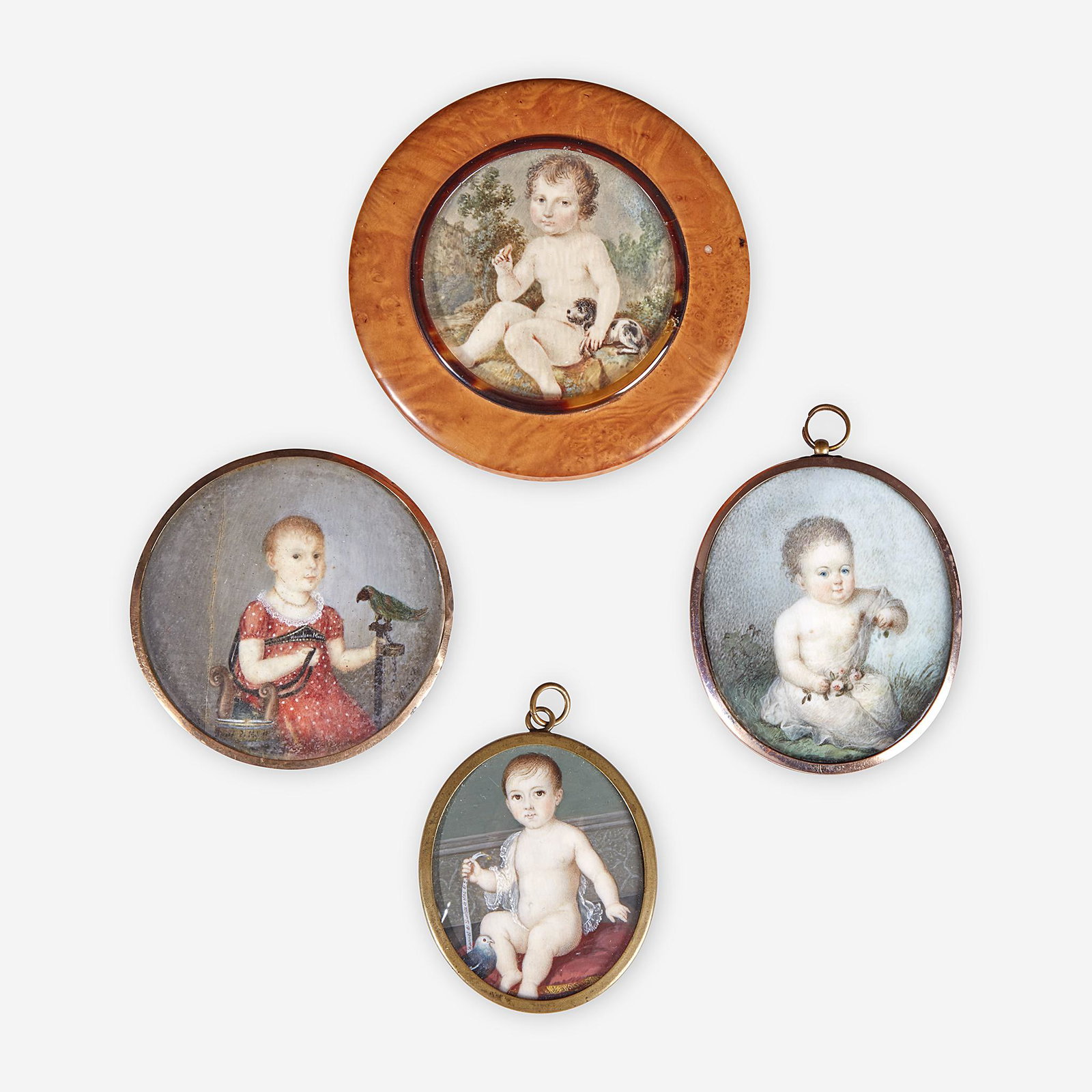 Continental, Spanish, and Italian School 19th Century A: Continental, Spanish, and Italian School 19th Century A group of four portrait miniatures of children with animals and flowers Comprising a portrait of a seated child with floral garland, Continental 