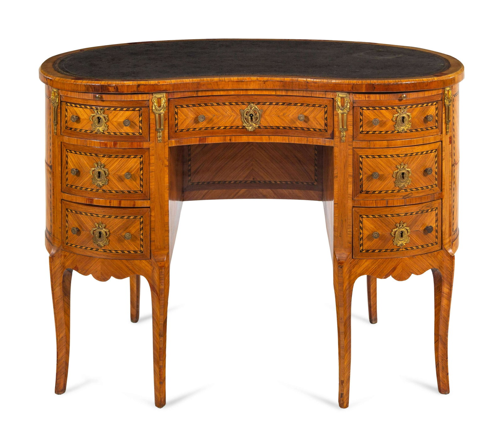 A Louis XV/XVI Transitional Style Kingwood and: A Louis XV/XVI Transitional Style Kingwood and Parquetry Leather-Inset Reniform Bureau 19th Century Height 30 x width 41 x depth 23 inches.