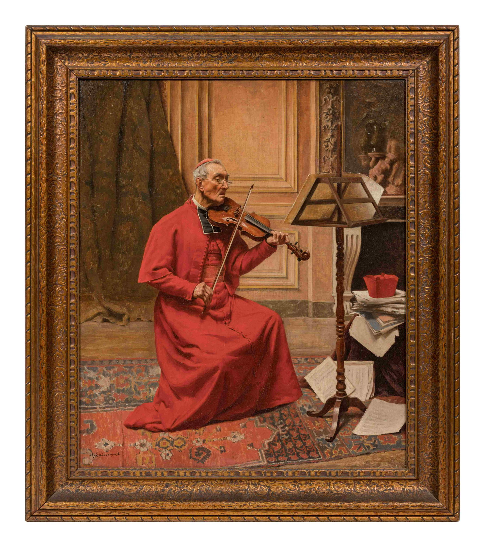 Henri Adolphe Laissement (French, 1854-1921): Henri Adolphe Laissement (French, 1854-1921) Bishop Playing a Violin oil on canvas signed H. Laissement (lower left) 21 3/4 x 18 3/8 inches.