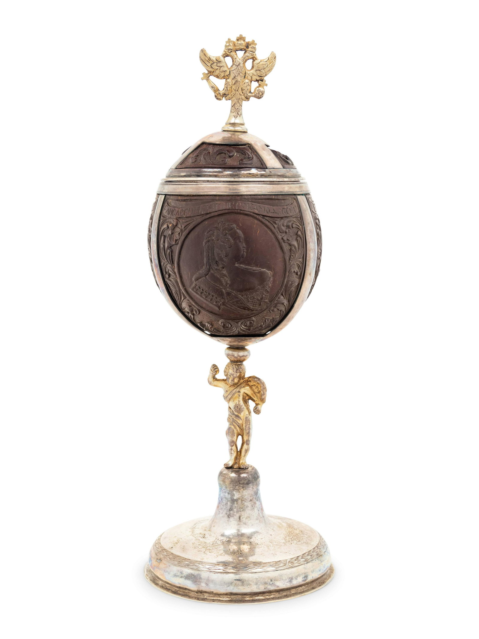 A Silver-Gilt Mounted Carved Coconut Cup and Cover of (1 of 3)
