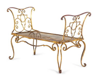 A Gilt Wrought Iron Bench by Jean-Charles Moreux: A Gilt Wrought Iron Bench by Jean-Charles Moreux (French, 1889-1956) First Half 20th Century Height 25 x width 37 1/2 x depth 16 inches.