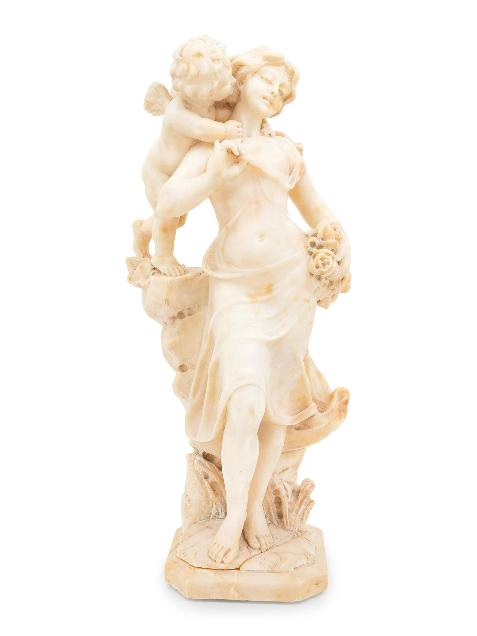 Adolfo Cipriani (Italian, 1880-1930): Adolfo Cipriani (Italian, 1880-1930) Woman and Cherub alabaster signed A. Cipriani to the reverse Height 17 3/4 inches. Property from the Estate of Norma and David McIntyre, Los Angeles, California
